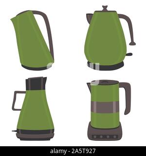 Vector illustration for set of colored electric teapots, kettles on stand. Teapot pattern consisting of iron electric kettle with handle, spout for dr Stock Vector
