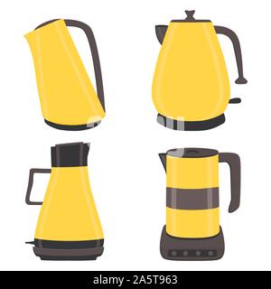 Vector illustration for set of colored electric teapots, kettles on stand. Teapot pattern consisting of iron electric kettle with handle, spout for dr Stock Vector