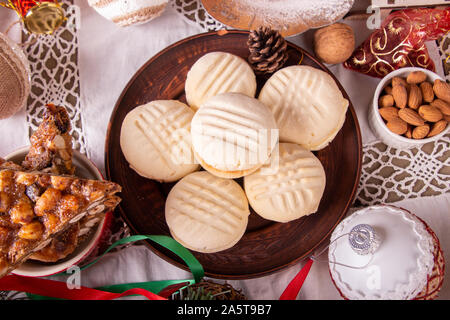 Traditional american Christmas cookies biscuits Melting Moments on wooden background.. Christmas New Year ornament decorations. top view. Stock Photo