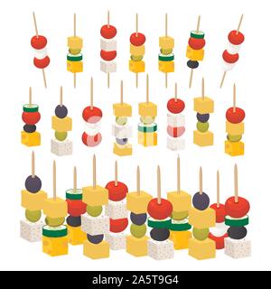 Vector icon illustration logo for fresh colored canape. Canape pattern consisting from berries green olives, cubes yellow cheese, half red tomato, sli Stock Vector