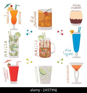 Vector icon illustration logo for sweet alcohol cocktail in glass glassware. Cocktail pattern consisting of colored cup, tasty liquid beverage, slice Stock Vector