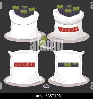 Vector icon illustration logo for bags filled with bunch purple grape, storage in sacks. Grape pattern consisting of ripe food, raw product on open Sa Stock Vector
