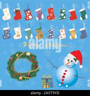 Illustration for theme big colored set different types of baby socks, snowman with buttons. Snowman design consisting of collection kids sock on backg Stock Vector