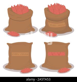 Vector illustration for bags filled with vegetable sweet potato, storage in sacks. Potato pattern consisting of ripe food, raw product on open Sack. T Stock Vector