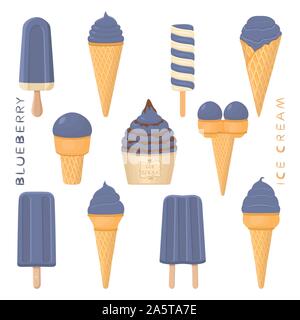 Vector illustration for natural blueberry ice cream on stick, in paper bowls, wafer cones. Ice Cream consisting of sweet cold icecream lolly, set tast Stock Vector