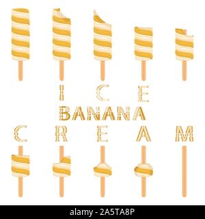 Vector illustration logo for natural banana ice cream on stick. Ice Cream pattern consisting of sweet cold icecream, set tasty frozen dessert. Fresh f Stock Vector