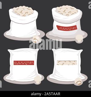 Vector illustration for bags filled with mushrooms champignon, storage in sacks. Mushroom pattern consisting of ripe food, raw product on open Sack. T Stock Vector