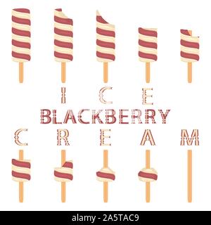 Vector illustration logo for natural blackberry ice cream on stick. Ice Cream pattern consisting of sweet cold icecream, set tasty frozen dessert. Fre Stock Vector