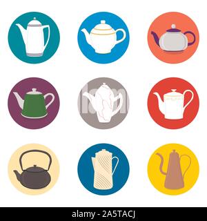 Vector illustration for set of colored ceramic teapot, kettle in icons. Teapot pattern consisting of glass hot kettle with handle, lid, spout for drai Stock Vector