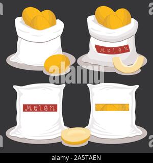 Vector illustration logo for bags filled with fruit yellow melon, storage in sacks. Melon pattern consisting of ripe food, raw product on open Sack. T Stock Vector