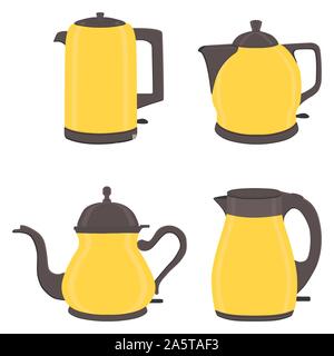 Vector illustration for set of colored electric teapots, kettles on stand. Teapot pattern consisting of iron electric kettle with handle, spout for dr Stock Vector