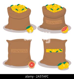 Vector illustration logo for bags filled with citrus grapefruit, storage in sacks. Grapefruit pattern consisting of ripe food, raw product on open Sac Stock Vector