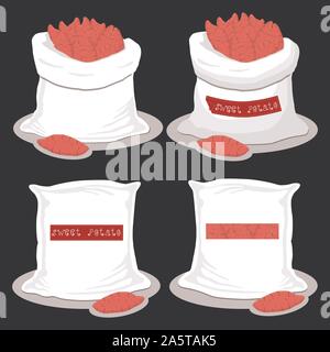 Vector illustration for bags filled with vegetable sweet potato, storage in sacks. Potato pattern consisting of ripe food, raw product on open Sack. T Stock Vector