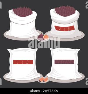 Vector icon illustration logo for bags filled with fruit purple fig, storage in sacks. Fig pattern consisting of ripe food, raw product on open Sack. Stock Vector