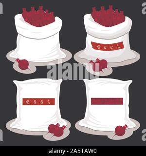 Vector icon illustration logo for bags filled with vegetable red beet, storage in sacks. Beet pattern consisting of ripe food, raw product on open Sac Stock Vector