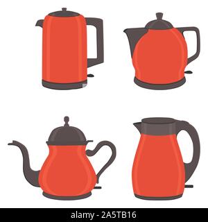 Vector illustration for set of colored electric teapots, kettles on stand. Teapot pattern consisting of iron electric kettle with handle, spout for dr Stock Vector