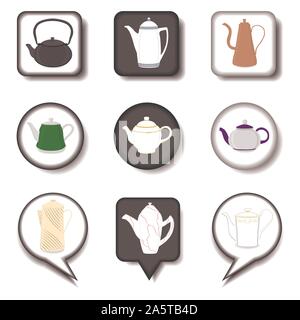 Vector illustration for set of colored ceramic teapot, kettle in icons. Teapot pattern consisting of glass hot kettle with handle, lid, spout for drai Stock Vector