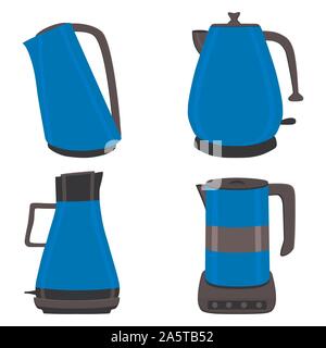 Vector illustration for set of colored electric teapots, kettles on stand. Teapot pattern consisting of iron electric kettle with handle, spout for dr Stock Vector