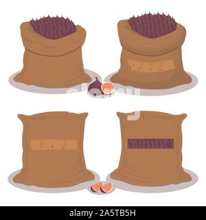 Vector icon illustration logo for bags filled with fruit purple fig, storage in sacks. Fig pattern consisting of ripe food, raw product on open Sack. Stock Vector