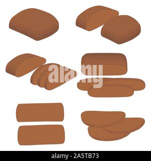Vector illustration of set of baked bread, dark rye brick, soft baguette for bakery. Bread consisting of bakery natural tasty wheat food in sliced toa Stock Vector