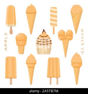 Vector illustration for natural apple ice cream on stick, in paper bowls, wafer cones. Ice Cream consisting of sweet cold icecream lolly, set tasty fr Stock Vector