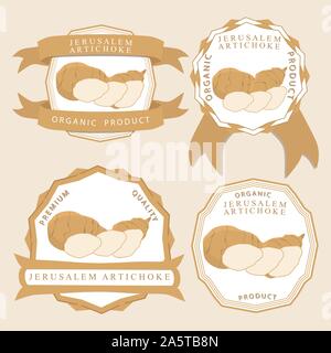 Vector icon illustration logo for whole ripe vegetable jerusalem artichoke, slice half root. Artichoke pattern consisting of natural design tropical t Stock Vector