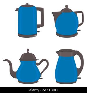 Vector illustration for set of colored electric teapots, kettles on stand. Teapot pattern consisting of iron electric kettle with handle, spout for dr Stock Vector
