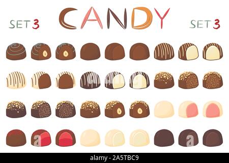 Beautiful big set of colorful chocolate desserts from candies. Candy consisting of milk chocolate covered sweet stuffed nougat. Chocolate candy collec Stock Vector