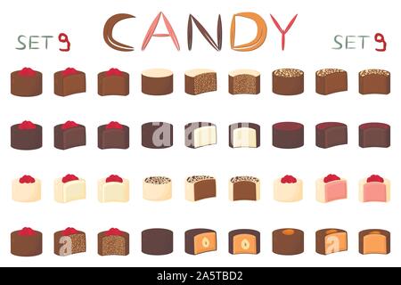 Beautiful big set of colorful chocolate desserts from candies. Candy consisting of milk chocolate covered sweet stuffed nougat. Chocolate candy collec Stock Vector