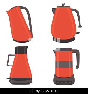 Vector illustration for set of colored electric teapots, kettles on stand. Teapot pattern consisting of iron electric kettle with handle, spout for dr Stock Vector