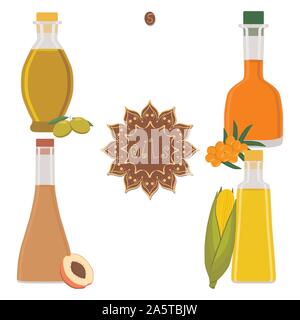 Vector illustration for set various bottles oil, plastic jar with cap. Oil pattern consisting of container natural organic liquid, glass flask in cosm Stock Vector