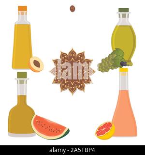 Vector illustration for set various bottles oil, plastic jar with cap. Oil pattern consisting of container natural organic liquid, glass flask in cosm Stock Vector