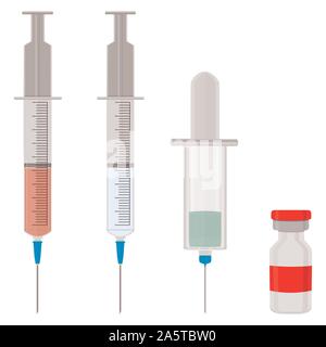 Illustration on theme big colored set different types of syringes, needles for hospital. Syringe consisting of collection accessory with quality contr Stock Vector