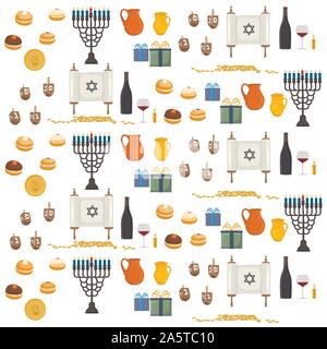 Vector illustration for Hanukkah is big Jewish holiday. Hanukkah pattern consisting of star of David, sufganiyot doughnuts, decoration menorah, clay j Stock Vector