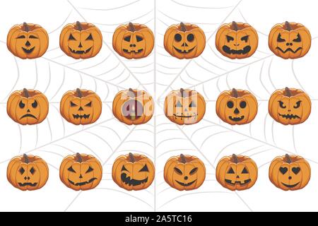 Vector illustration set from pumpkins for celebrating holiday halloween. Halloween pattern consisting of funny smile pumpkin on cobweb background. Pum Stock Vector