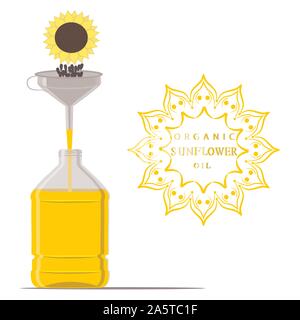 Vector illustration for yellow bottle sunflower oil, plastic jar with black seeds. Sunflower pattern consisting of container natural organic liquid, s Stock Vector