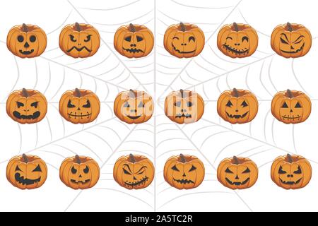 Vector illustration set from pumpkins for celebrating holiday halloween. Halloween pattern consisting of funny smile pumpkin on cobweb background. Pum Stock Vector