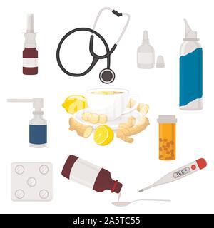 Illustration on theme big colored set different types of syrup in vial, stethoscope for hospital. Stethoscope consisting of collection accessory syrup Stock Vector