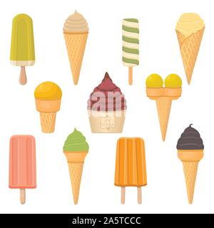 Vector illustration for set natural colored ice cream on stick, paper bowls, wafer cones from waffles. Ice Cream consisting of sweet cold icecream, ta Stock Vector