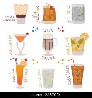 Vector icon illustration logo for sweet alcohol cocktail in glass glassware. Cocktail pattern consisting of colored cup, tasty liquid beverage, slice Stock Vector