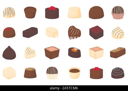 Beautiful big set of colorful chocolate desserts from candies. Candy consisting of milk chocolate covered sweet stuffed nougat. Chocolate candy collec Stock Vector