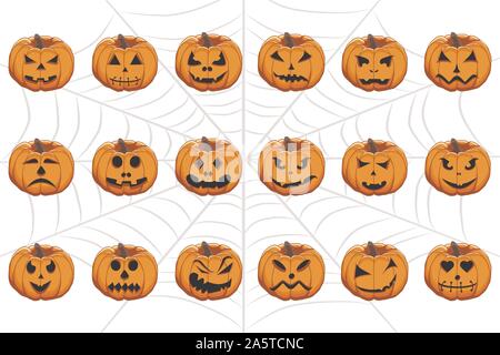 Vector illustration set from pumpkins for celebrating holiday halloween. Halloween pattern consisting of funny smile pumpkin on cobweb background. Pum Stock Vector