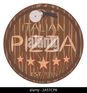 Vector illustration logo for whole round hot pizza, slice triangle from pizzeria menu. Pizza on wood board, ingredients for pizzeria to chalkboard, fo Stock Vector