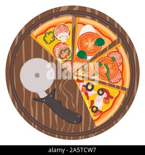 Vector illustration logo for whole round hot pizza, slice triangle from pizzeria menu. Pizza on wood board, ingredients for pizzeria to chalkboard, fo Stock Vector
