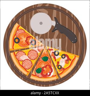 Vector illustration logo for whole round hot pizza, slice triangle from pizzeria menu. Pizza on wood board, ingredients for pizzeria to chalkboard, fo Stock Vector