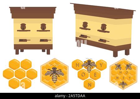 Illustration on theme big colored set different types honey different size for bees on honeycombs. Honey pattern consisting of collection accessory fr Stock Vector