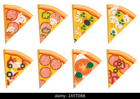 Vector illustration logo for whole round hot pizza, slice triangle from pizzeria menu. Pizza on wood board, ingredients for pizzeria to chalkboard, fo Stock Vector