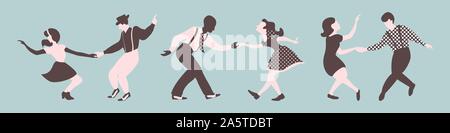 Three lindy hop dancing couples silhouettes on a blue background. Men and women in 1940s style. Vector illustration. Stock Vector