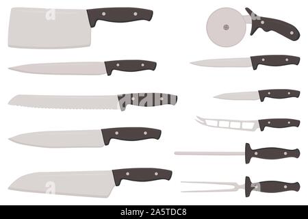 Illustration on theme big colored set different types knives different size for butcher. Knife pattern consisting of collection accessory to butcher i Stock Vector