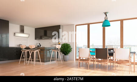 Modern interior design of open kitchen and dining room with big windows and terrace, 3d render, 3d illustration Stock Photo